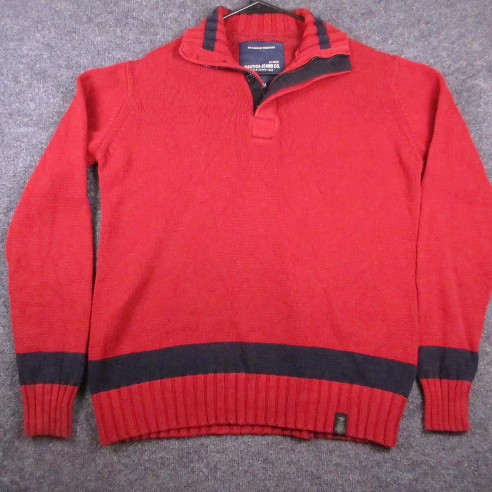 Y2K Nautica Jeans Co Sweater Mens Medium Red 1/4 Zip Mock Neck Stripe Pullover